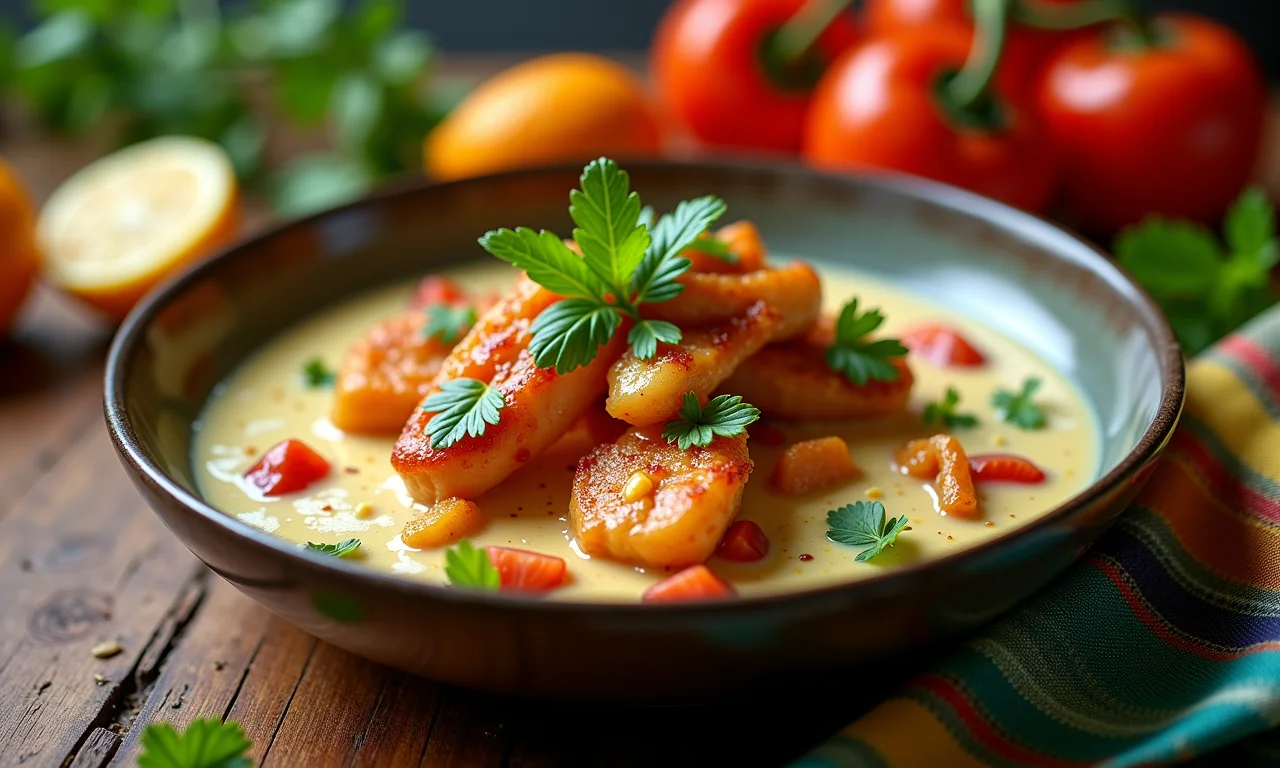 Vatapá de frango cremoso servido sobre mesa de madeira com tecido colorido.