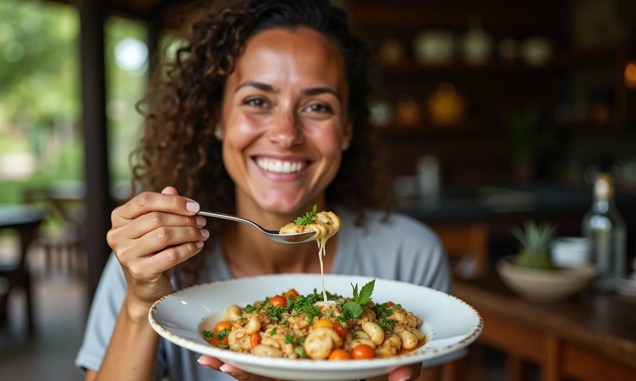 Vatapá vegano com castanhas e leite de coco, servido com elegância.