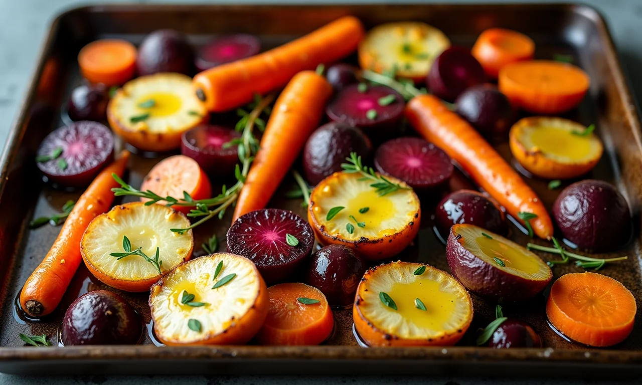 Vegetais de raiz assados, base saborosa da salada de inverno.