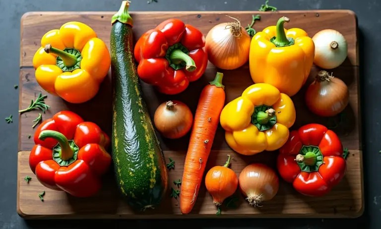 Vegetais frescos assados em uma tábua de madeira rústica, prontos para servir.
