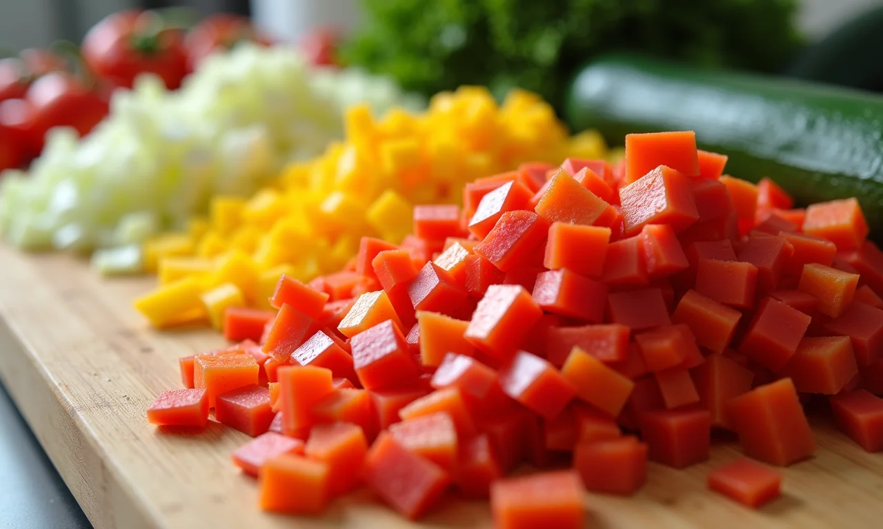 Vegetais picados em tamanhos uniformes, prontos para serem temperados.