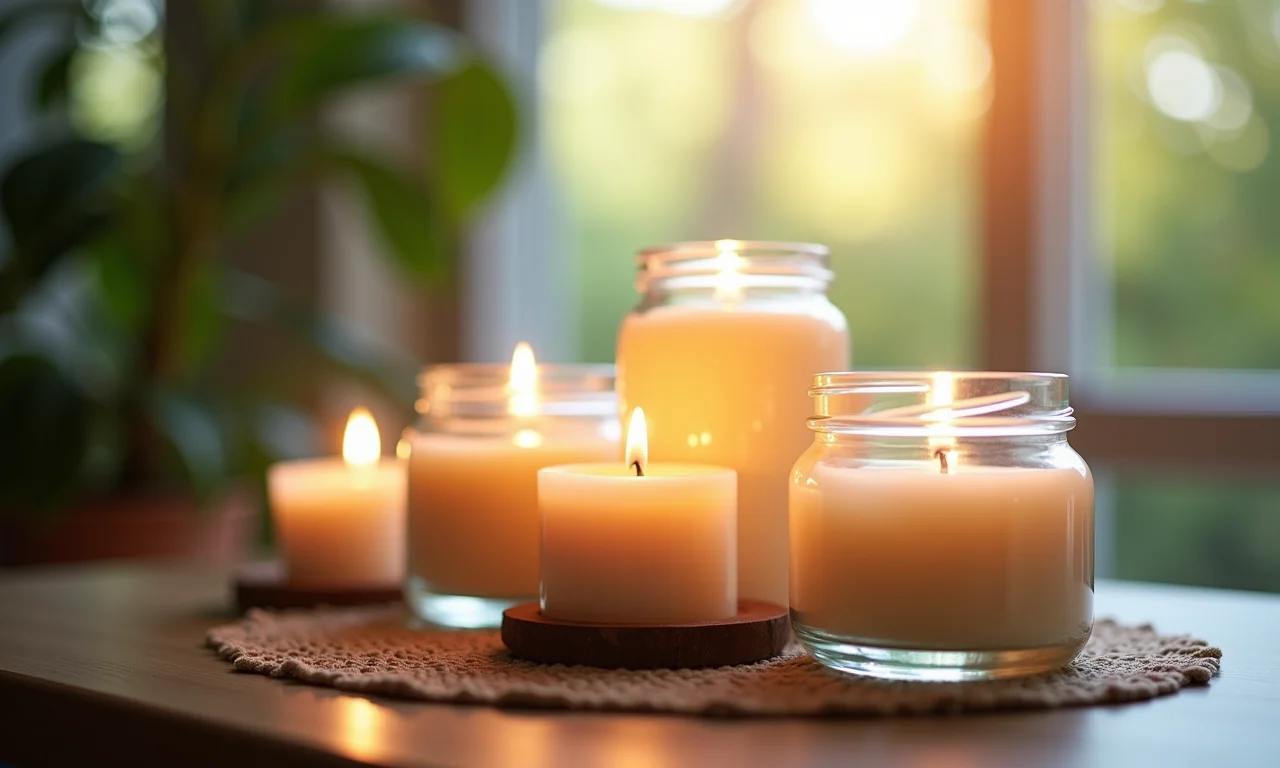 Velas aromáticas em potes de vidro sobre a mesa, ambiente calmo.