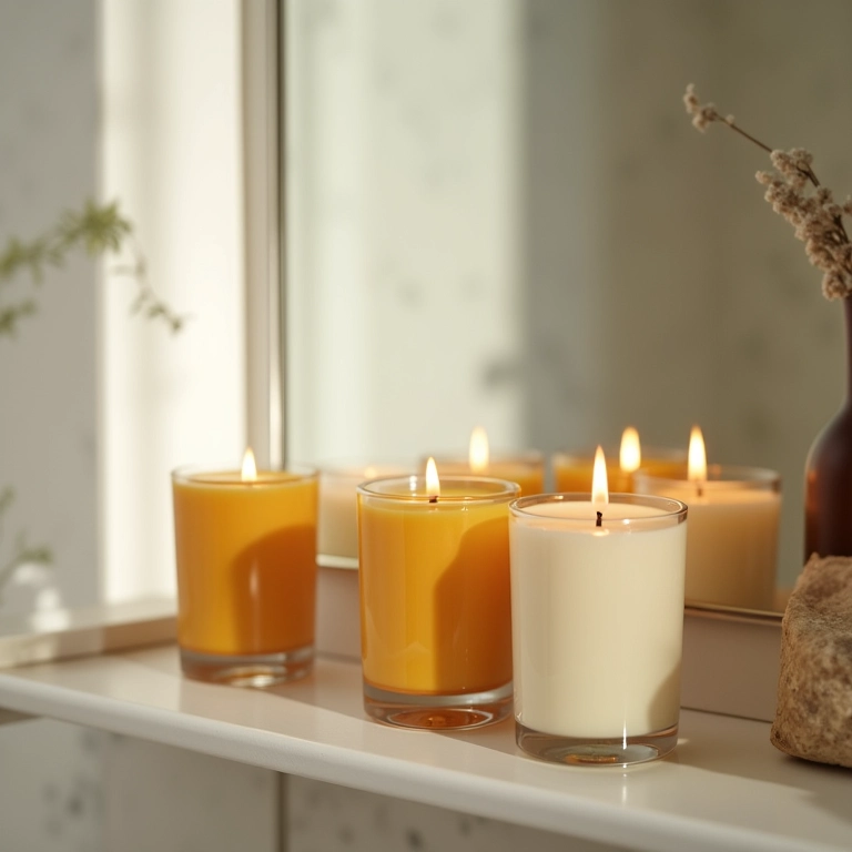 Velas aromáticas personalizadas decorando um banheiro.