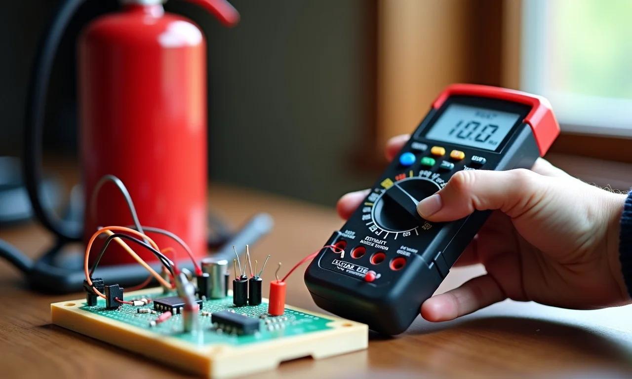 Verificação de voltagem em circuito com extintor de incêndio ao fundo.