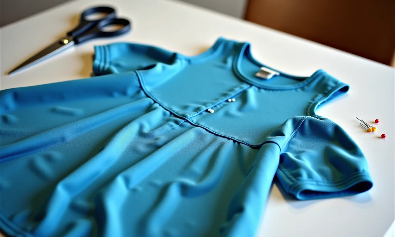 Vestido da Frozen inacabado, tesoura e alfinetes na mesa de costura.