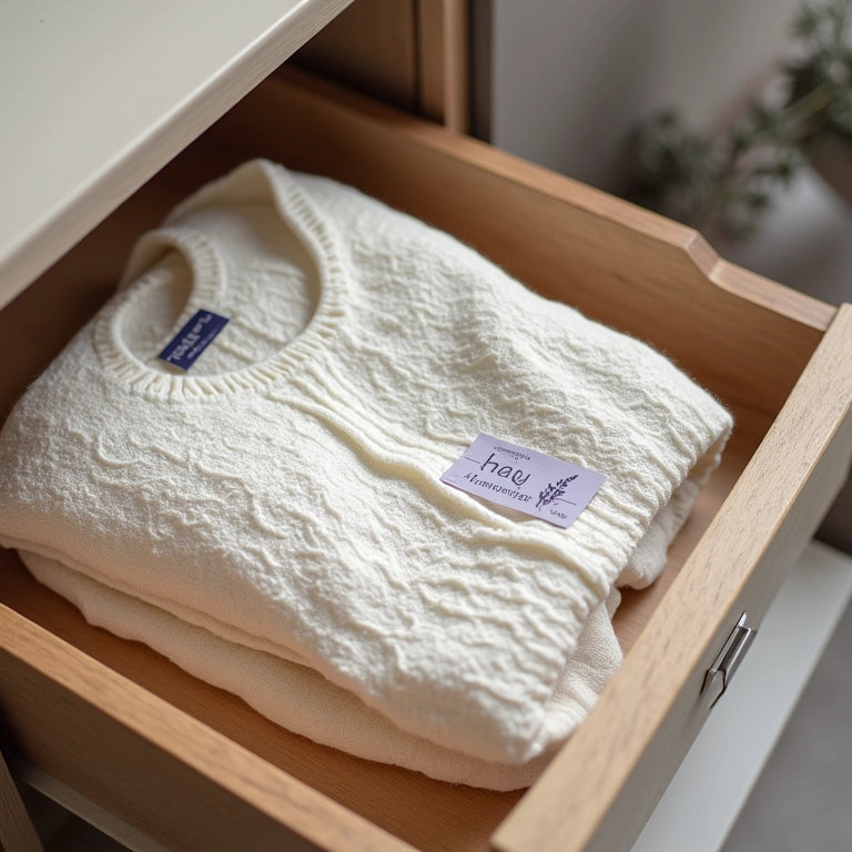 Vestido de tricô dobrado e guardado com sachê de lavanda para evitar deformações.