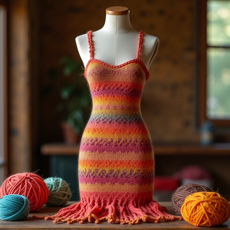 Vestido de tricô em manequim com agulhas e fios ao redor, estilo Farm Rio.