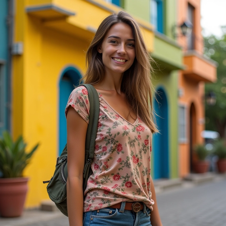 Viajante solo confiante em frente a prédio colorido no Brasil.