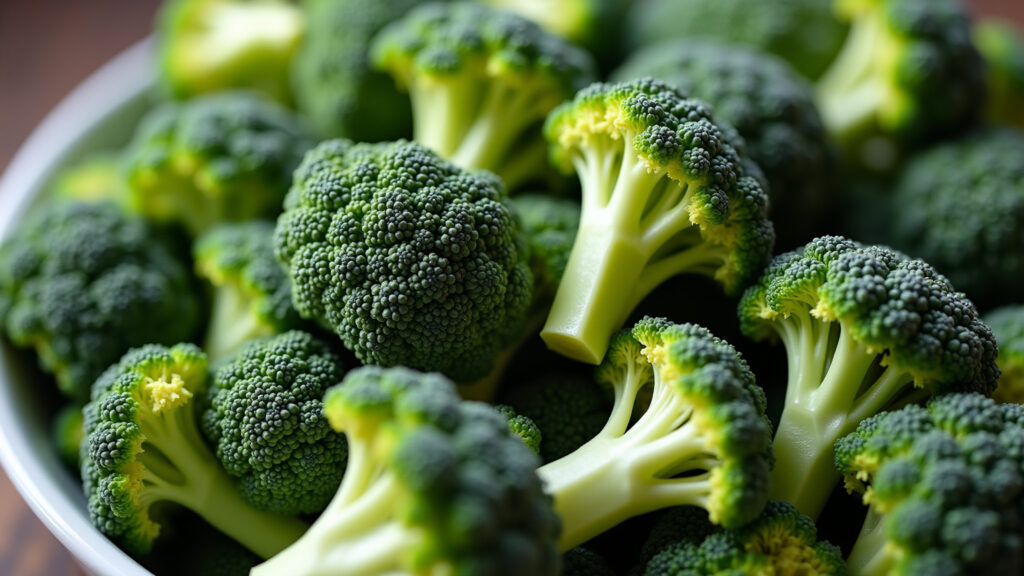 Brócolis cozido no vapor mantendo a cor vibrante.