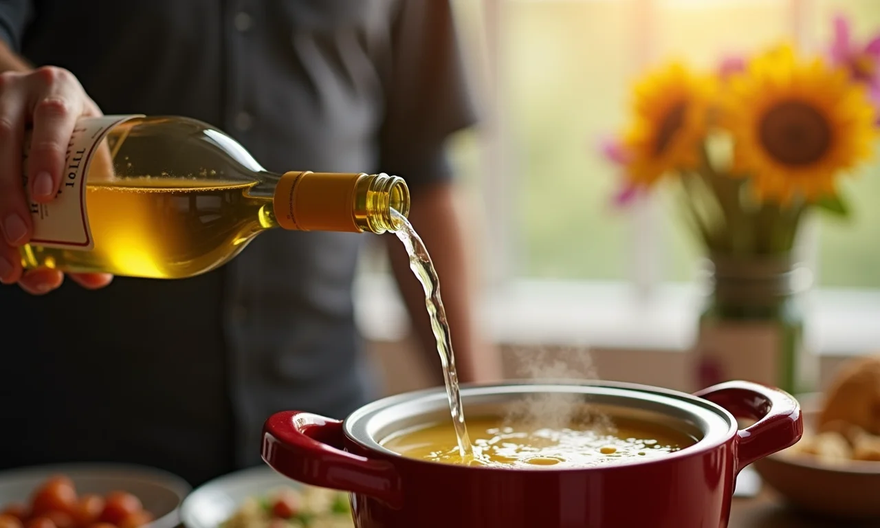 Vinho branco seco sendo adicionado ao fondue.