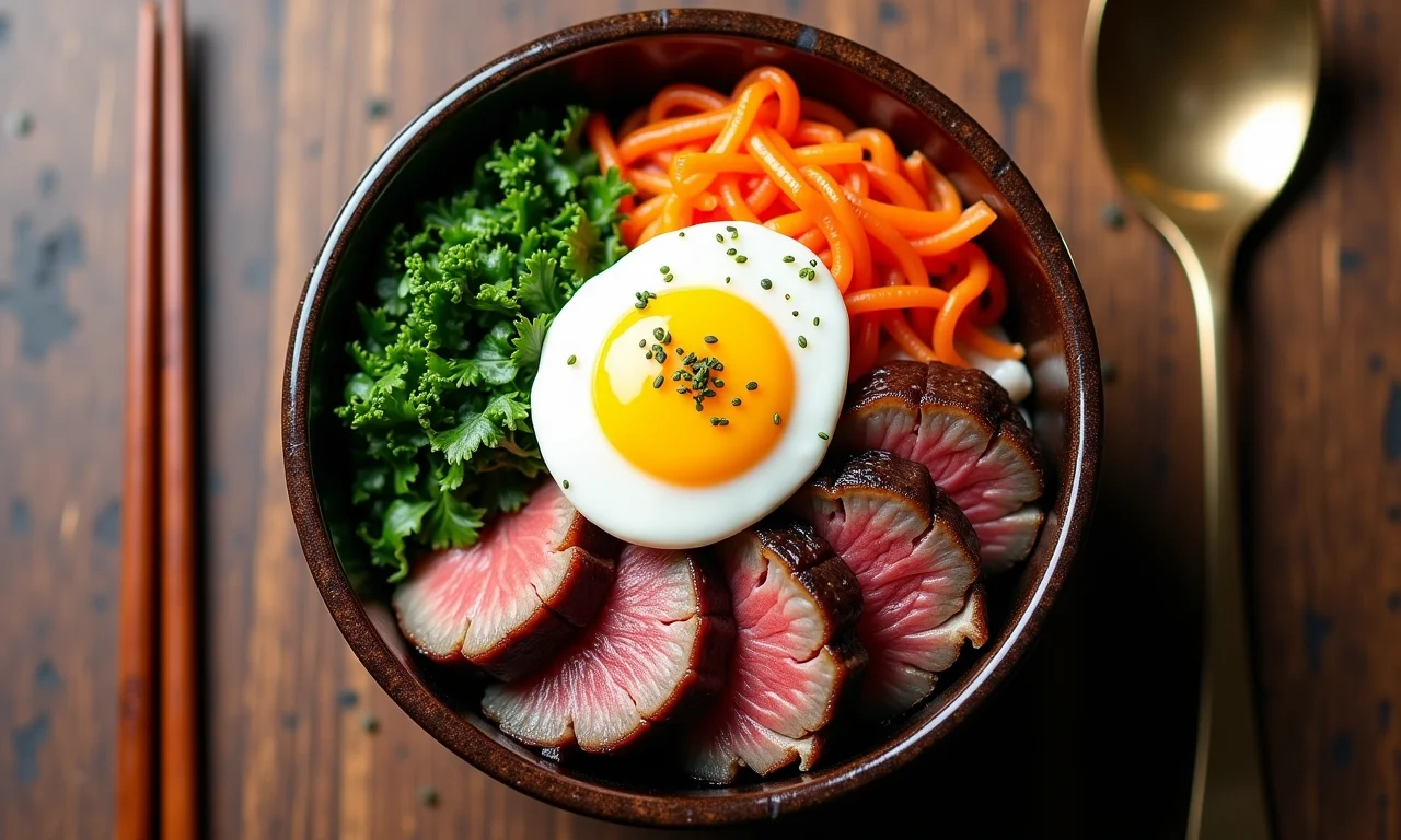 Visão de cima de um bibimbap tradicional com carne bovina, um clássico da culinária coreana.