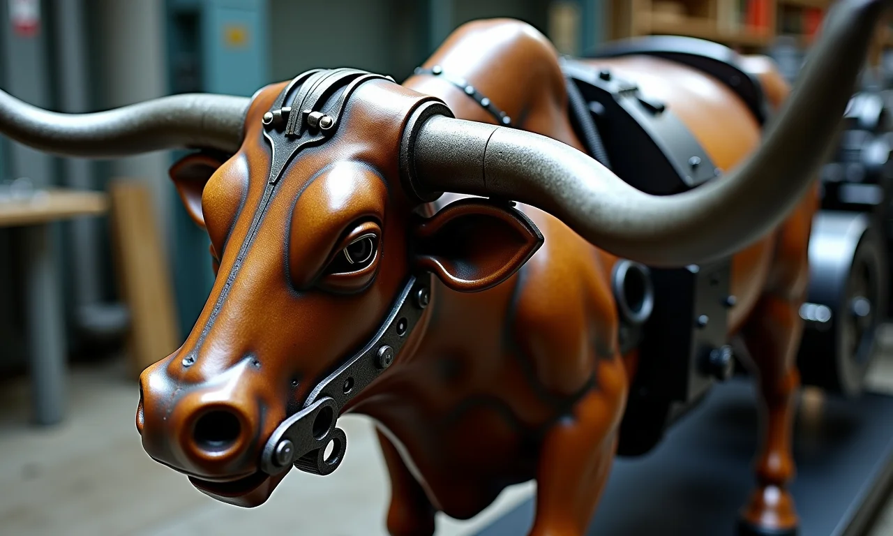 Visão detalhada do motor e sistema de movimento do touro mecânico.