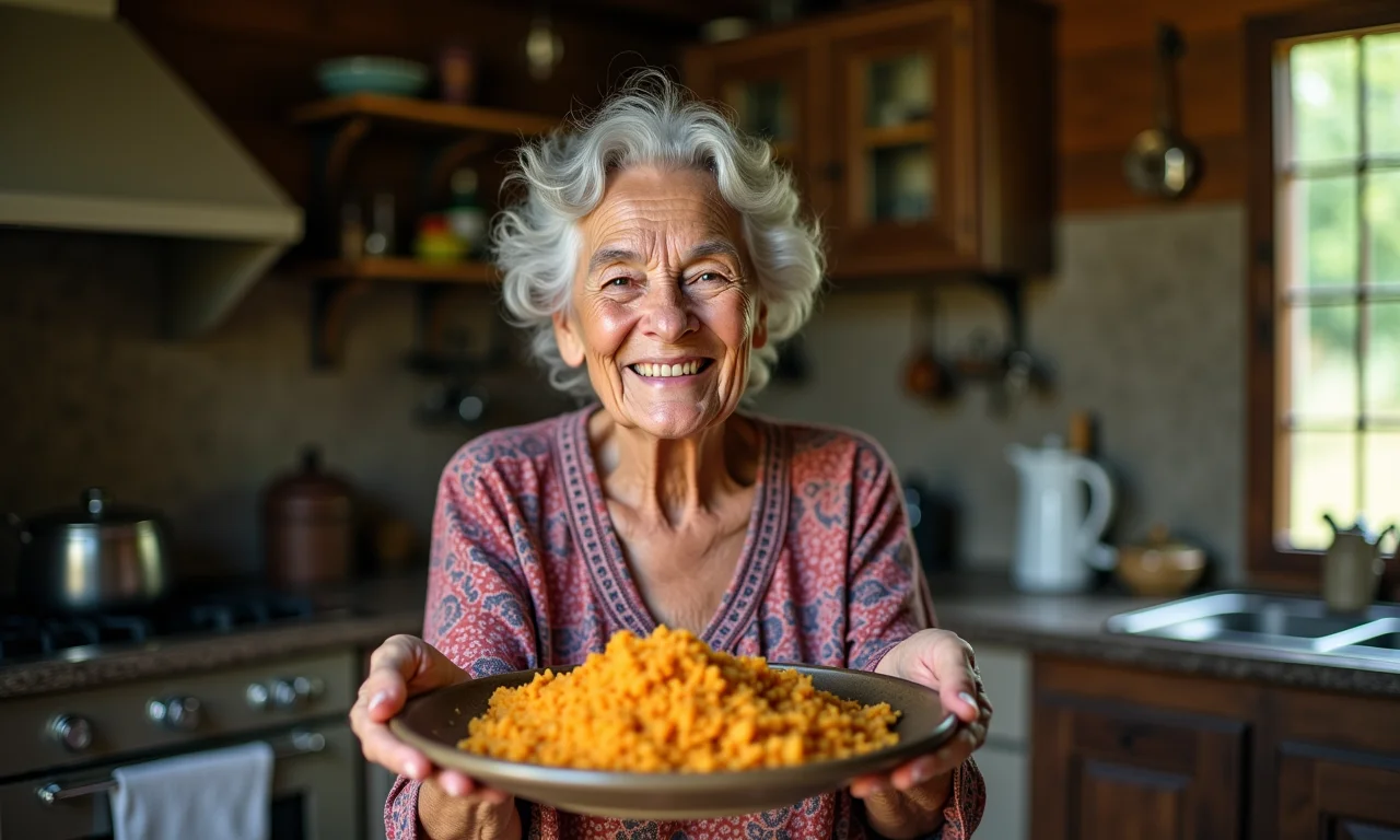 Vovó servindo vaca atolada, receita tradicional da família.