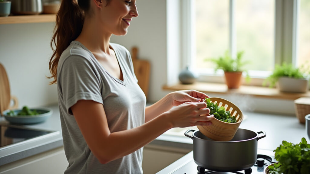 Panela a vapor com legumes sendo preparados em casa.