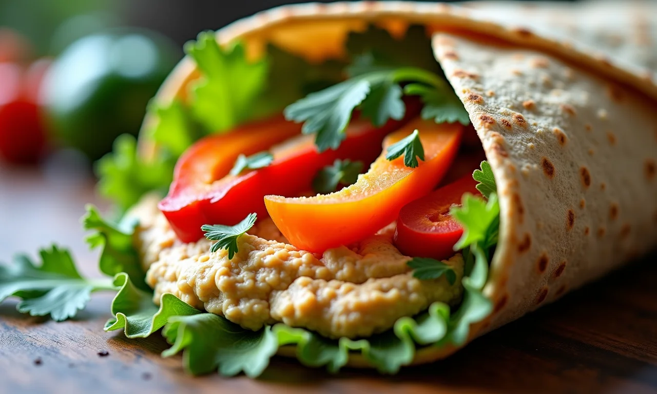 Wrap integral recheado com pasta de grão de bico e vegetais coloridos.