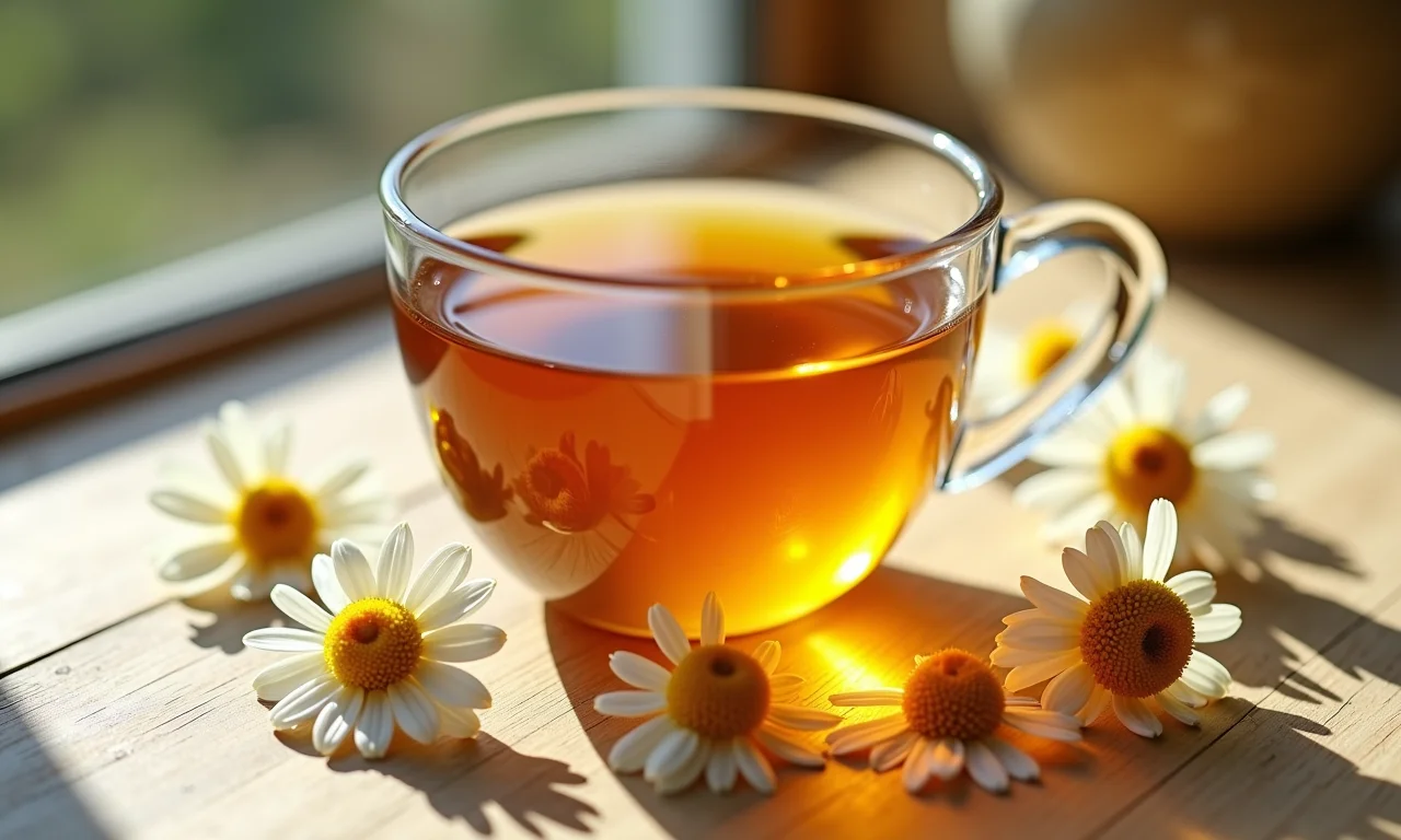 Xícara de chá de camomila com flores secas ao redor, transmitindo calma e relaxamento.