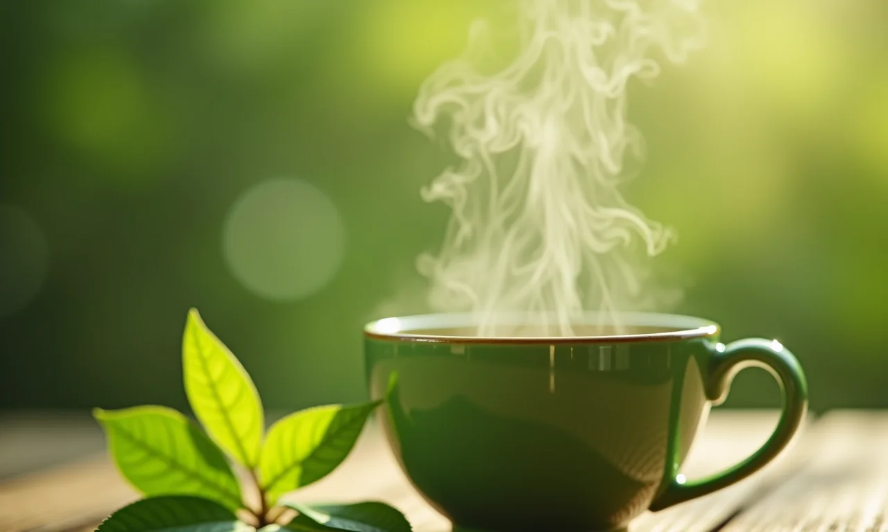 Xícara de chá verde fumegante em ambiente relaxante.