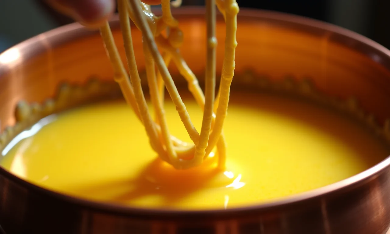 Zabaione sendo preparado em tigela de cobre.